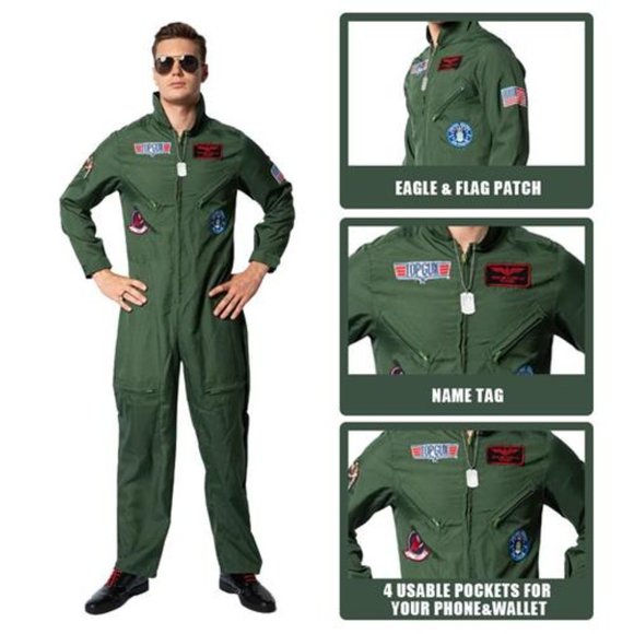 Top Gun Adult Maverick Sunglass Flight Jump Suit Men Union Pilot Cosplay Costume - Picture 6 of 10